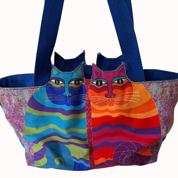 Laurel Burch Colorful Cat Tote Quirky Bag Rainbow Felines Dual Handles Zipper - Picture 2 of 16